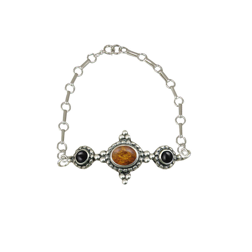 Sterling Silver Gemstone Adjustable Chain Bracelet With Amber And Black Onyx